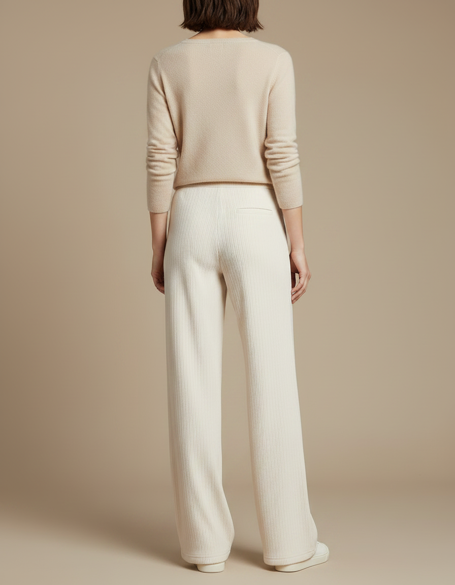 Pantalon Velours Côtelé Crème Ample Décontracté Élégant - Beige - vue 2