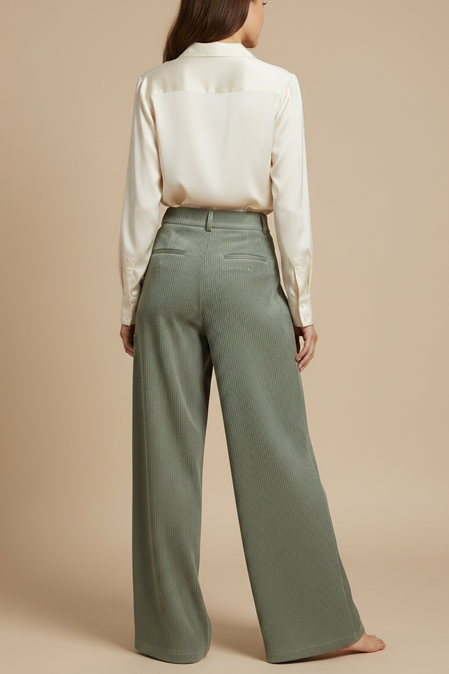 Pantalon Velours Côtelé Vert Ample Taille Haute Décontracté Femme - Cordé - vue 2