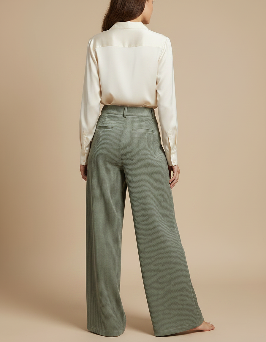 Pantalon Velours Côtelé Vert Ample Taille Haute Décontracté Femme - Cordé - vue 2