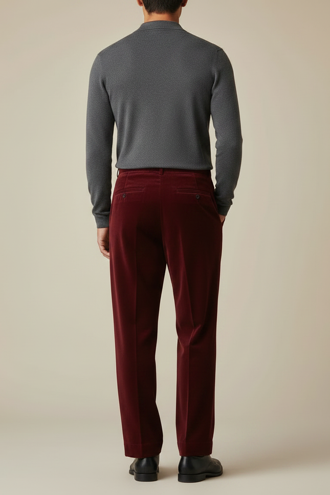 Pantalon Velours Rouge Plissé Ample Homme Élégant - Bordeaux - vue 2