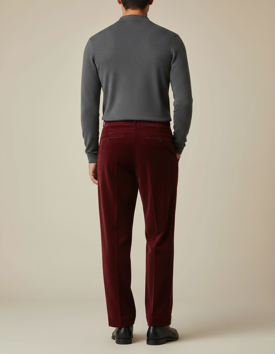 Pantalon Velours Rouge Plissé Ample Homme Élégant - Bordeaux - vue 2