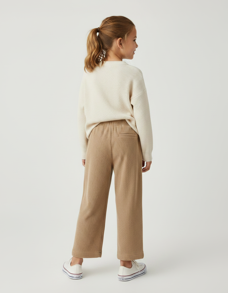 Pantalon Velours Marron Ample Côtelé Enfant Fille - Beige Cordé - vue 2