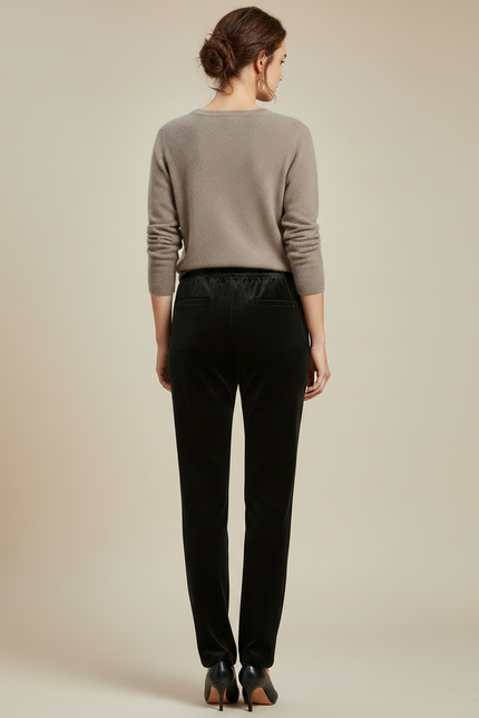 Pantalon Velours Noir Brodé Fleurs Élégant Femme - vue 2