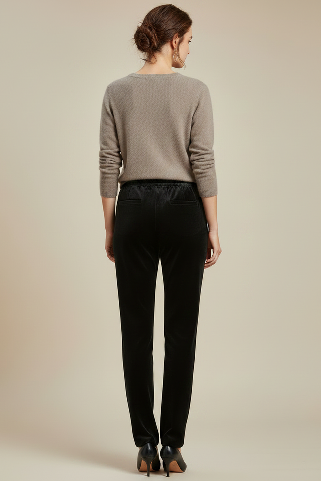 Pantalon Velours Noir Brodé Fleurs Élégant Femme - vue 2