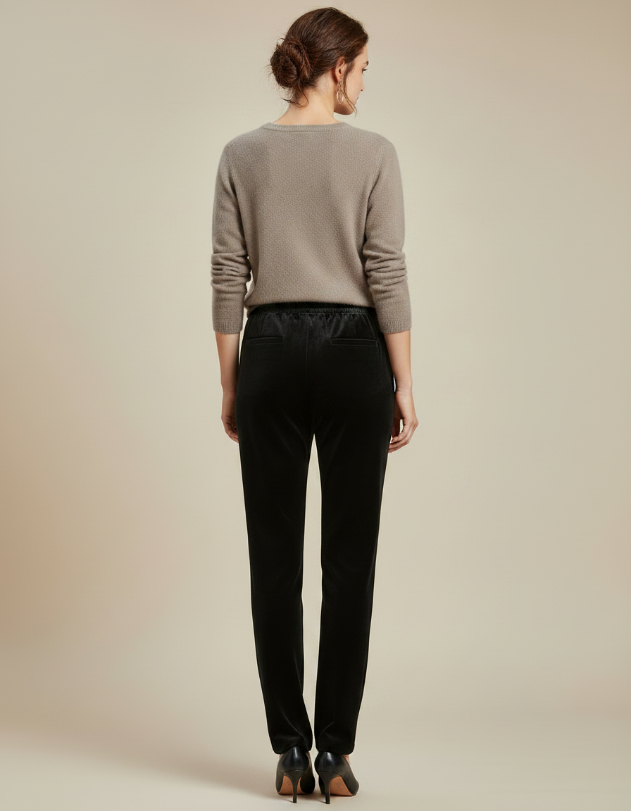 Pantalon Velours Noir Brodé Fleurs Élégant Femme - vue 2