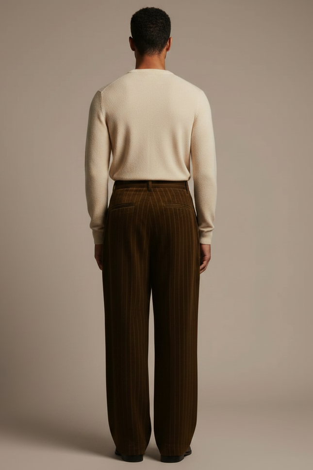 Pantalon Velours Marron Rayé Ample Élégant Homme - vue 2