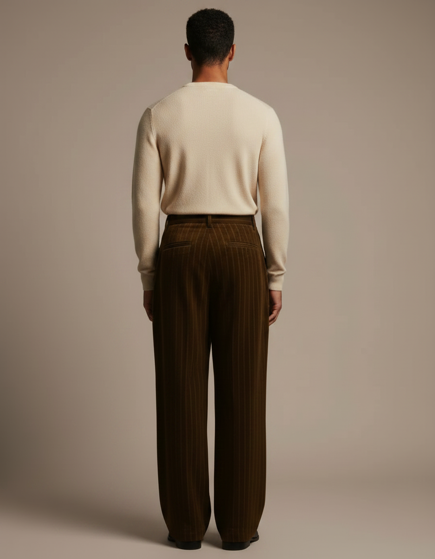 Pantalon Velours Marron Rayé Ample Élégant Homme - vue 2