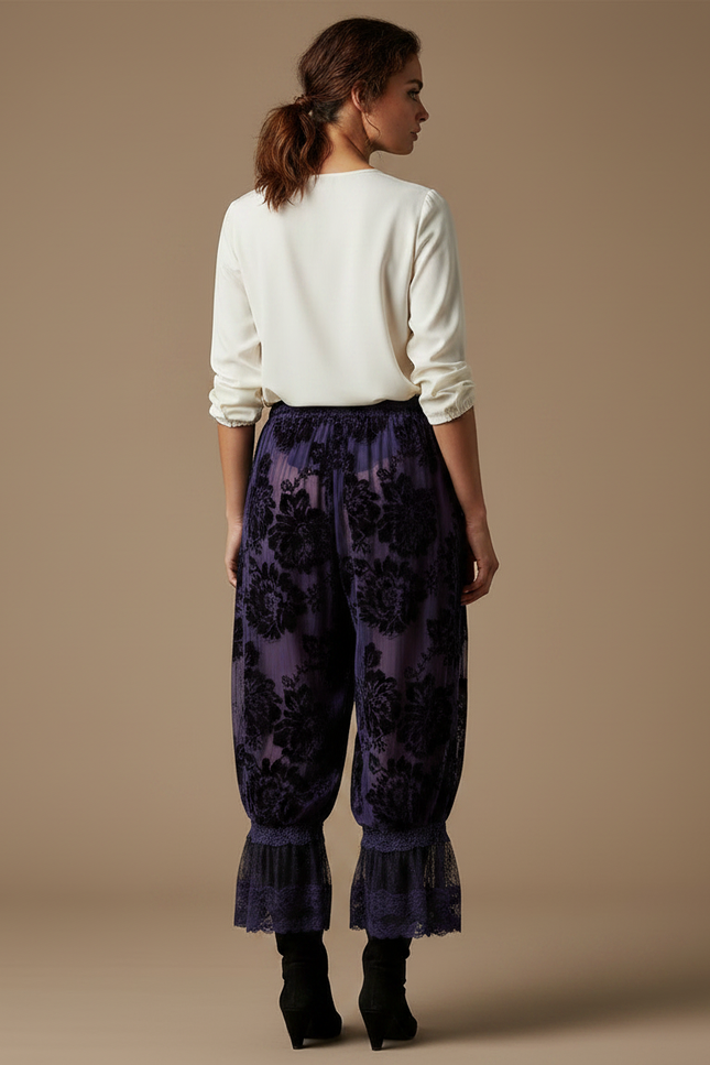 Pantalon Velours Violet Transparent Floral Évasé Dentelle - vue 2