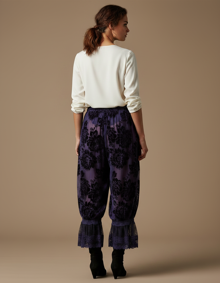 Pantalon Velours Violet Transparent Floral Évasé Dentelle - vue 2