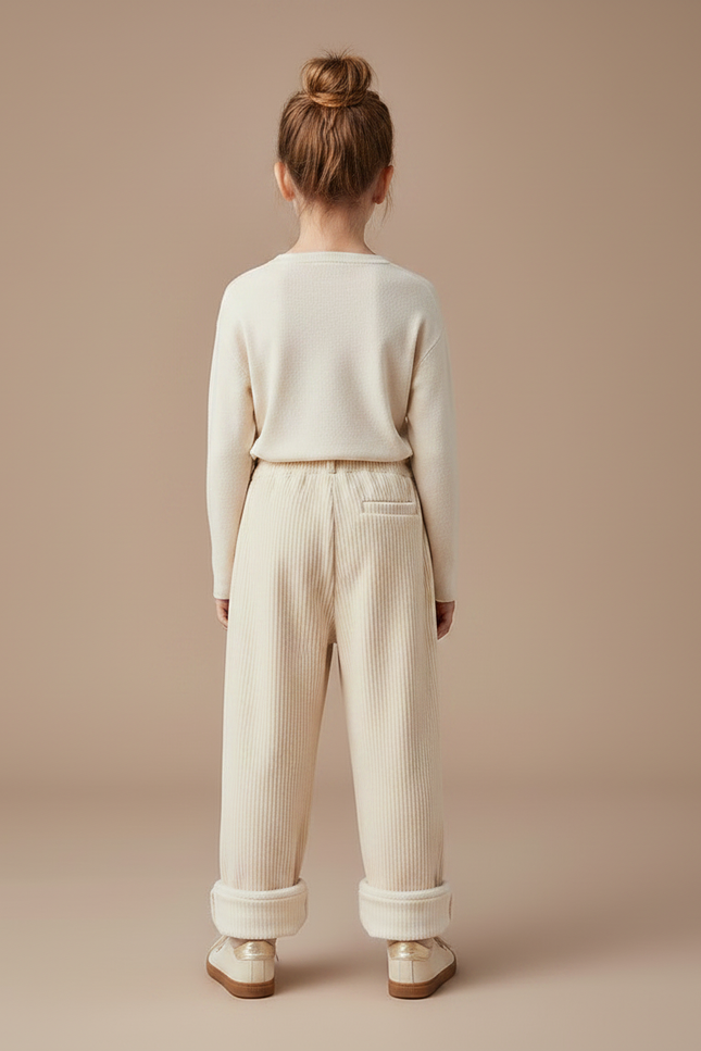 Pantalon Velours Côtelé Écru Ample Enfant Fille - Beige Cordé - vue 2