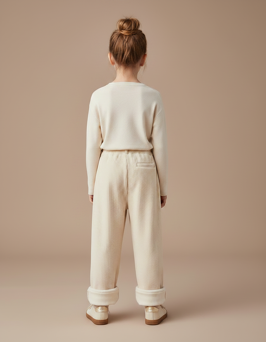 Pantalon Velours Côtelé Écru Ample Enfant Fille - Beige Cordé - vue 2