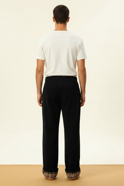 Pantalon Velours Noir Ample Doublé Plaid Homme - Cordé - vue 2