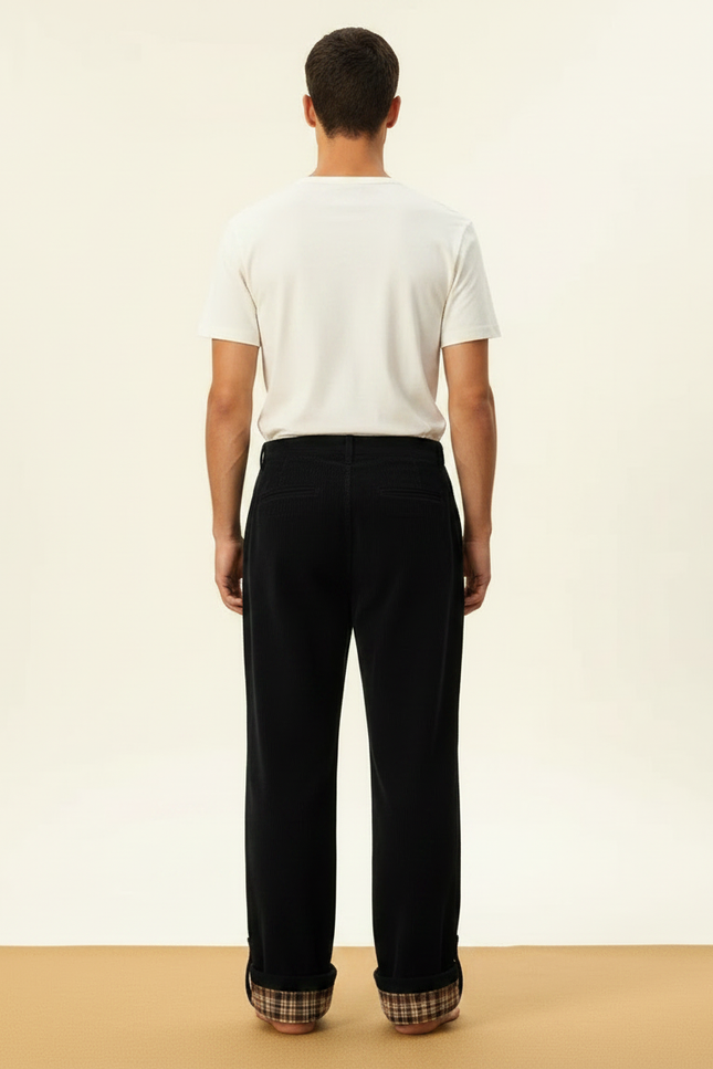 Pantalon Velours Noir Ample Doublé Plaid Homme - Cordé - vue 2