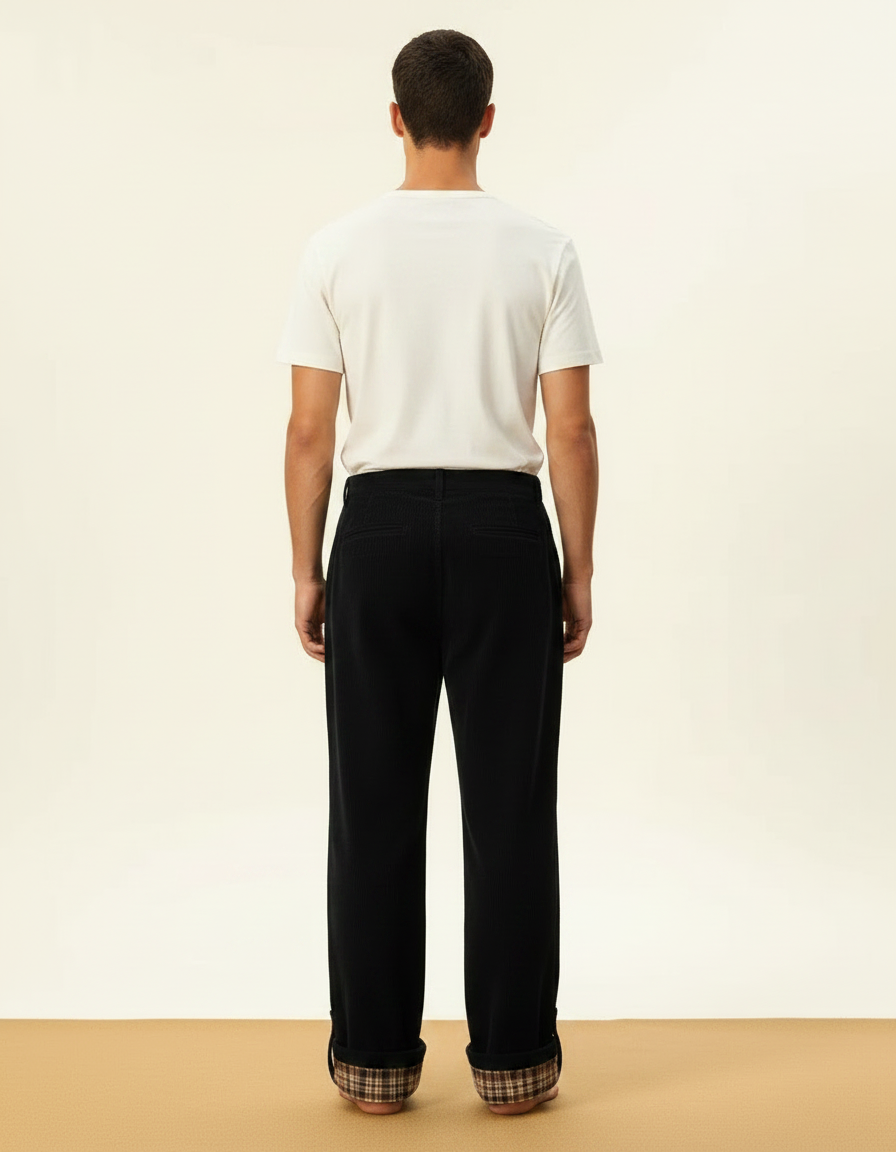 Pantalon Velours Noir Ample Doublé Plaid Homme - Cordé - vue 2