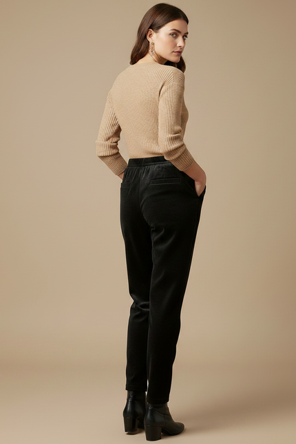 Pantalon Velours Noir Côtelé Confortable Élastique Chic - Cordé - vue 2