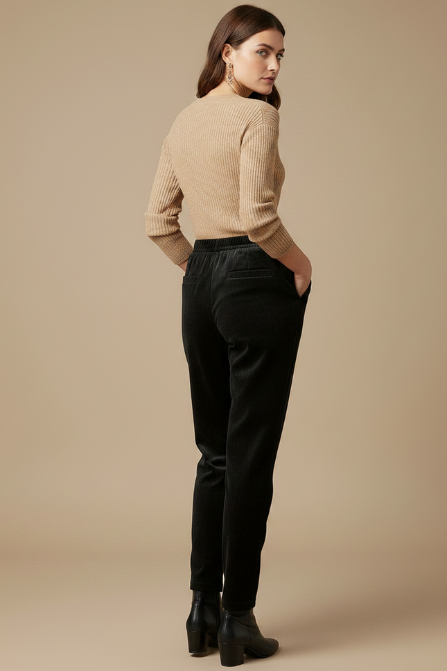 Pantalon Velours Noir Côtelé Confortable Élastique Chic - Cordé - vue 2