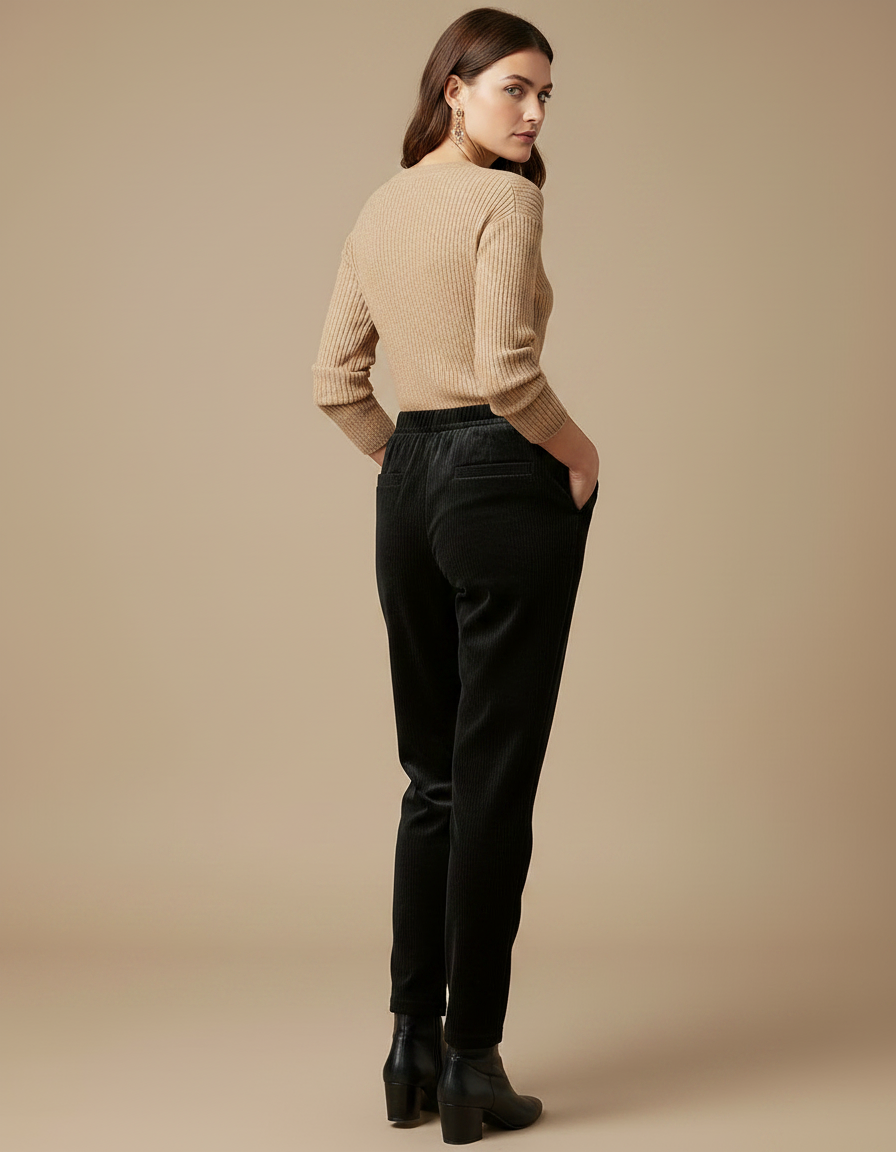 Pantalon Velours Noir Côtelé Confortable Élastique Chic - Cordé - vue 2