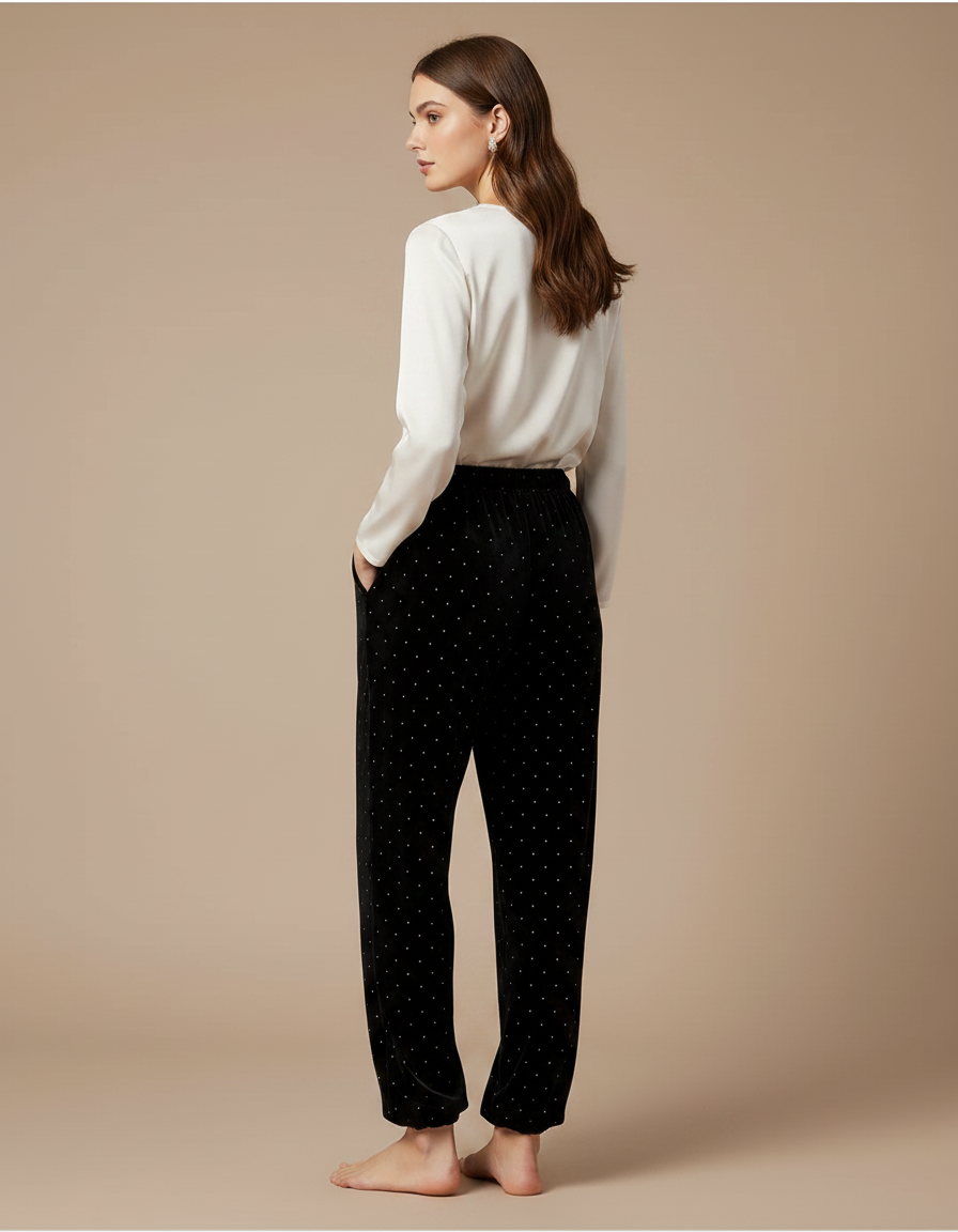 Pantalon Velours Noir Large Brillant Fluide Femme - vue 2