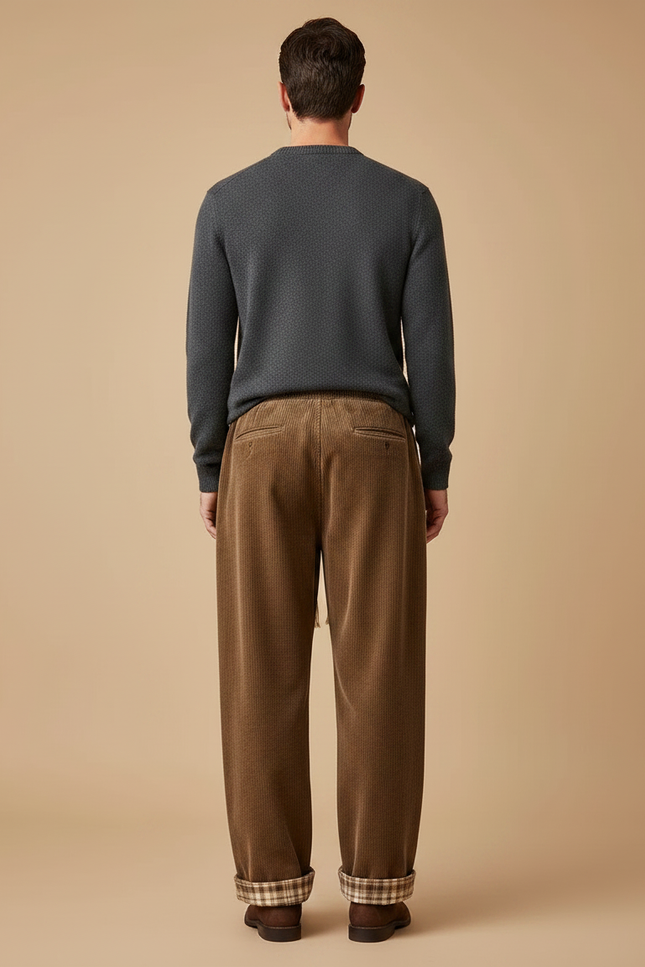 Pantalon Velours Côtelé Marron Large Doublé Décontracté Homme - vue 2
