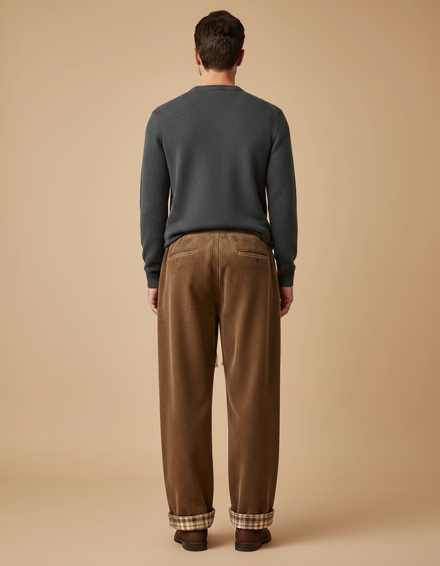 Pantalon Velours Côtelé Marron Large Doublé Décontracté Homme - vue 2