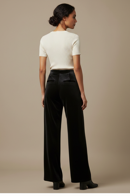Pantalon Velours Noir Large Fluide Élégant Femme - vue 2