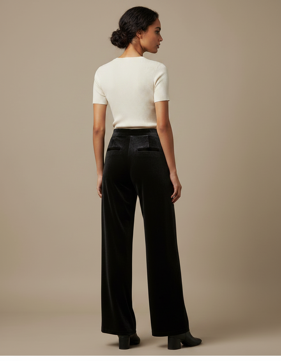 Pantalon Velours Noir Large Fluide Élégant Femme - vue 2