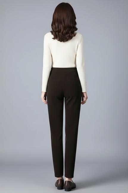 Pantalon Velours Côtelé Marron Taille Haute Élégant Femme - Cordé - vue 2