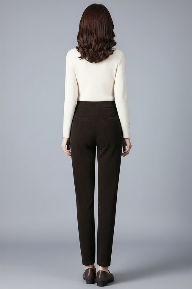 Pantalon Velours Côtelé Marron Taille Haute Élégant Femme - Cordé - vue 2