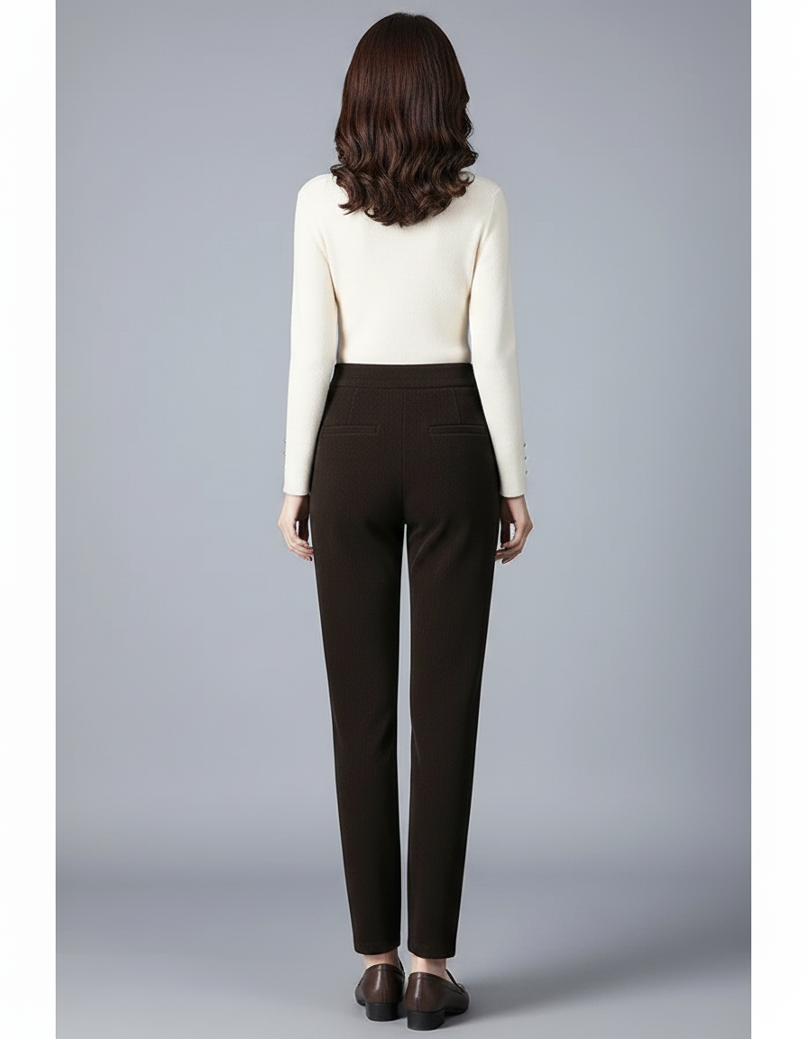 Pantalon Velours Côtelé Marron Taille Haute Élégant Femme - Cordé - vue 2