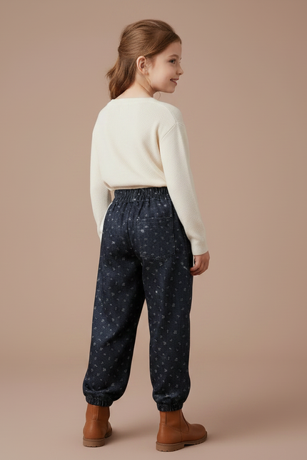 Pantalon Velours Noir Ample Imprimé Floral Fille Hiver - vue 2