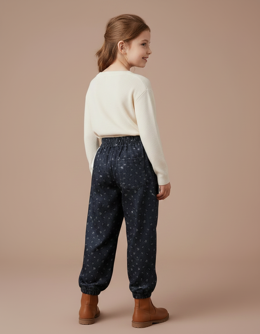 Pantalon Velours Noir Ample Imprimé Floral Fille Hiver - vue 2