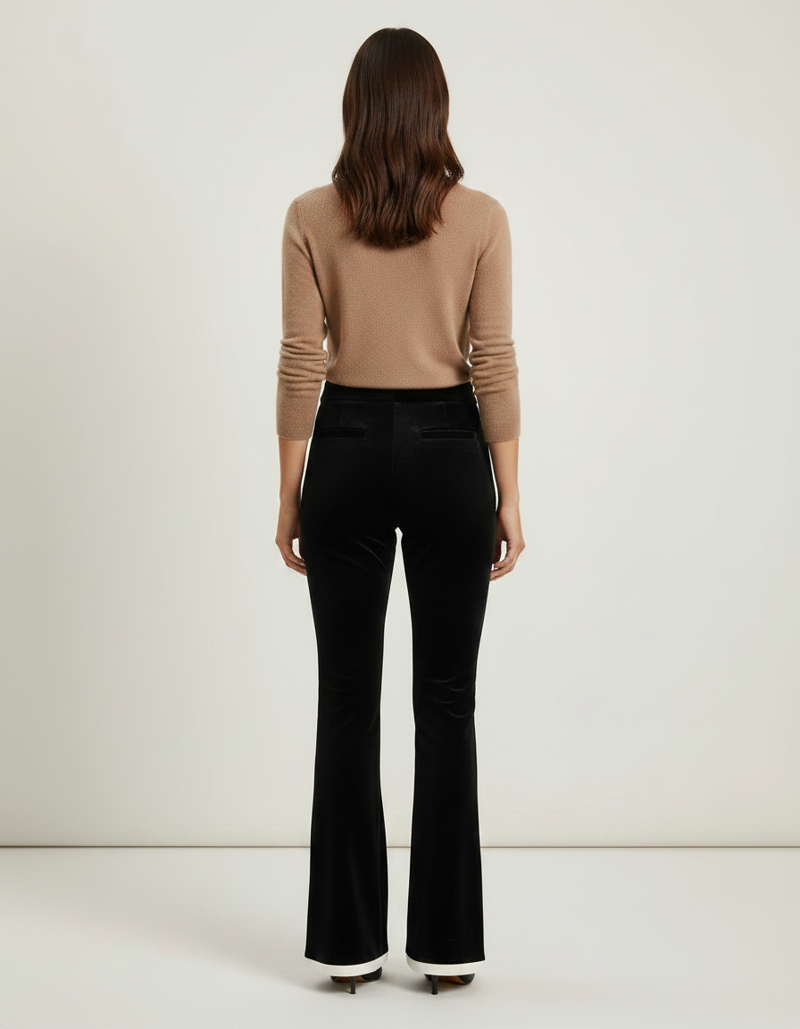 Pantalon Velours Noir Évasé Boutons Décoratifs Femme - vue 2