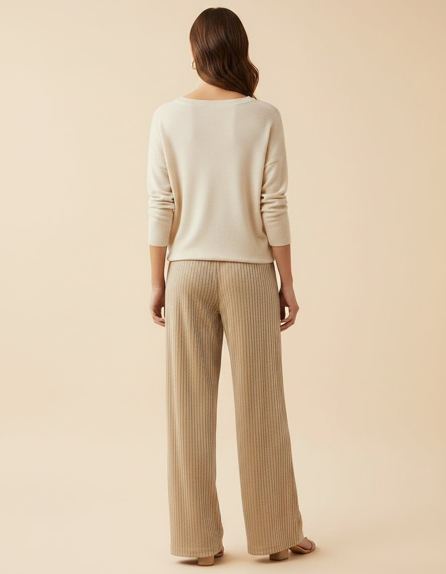 Pantalon Velours Beige Côtelé Ample Fluide Femme - vue 2