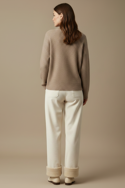 Pantalon Velours Écru Côtelé Large Doublé Moelleux Femme - Beige Cordé - vue 2