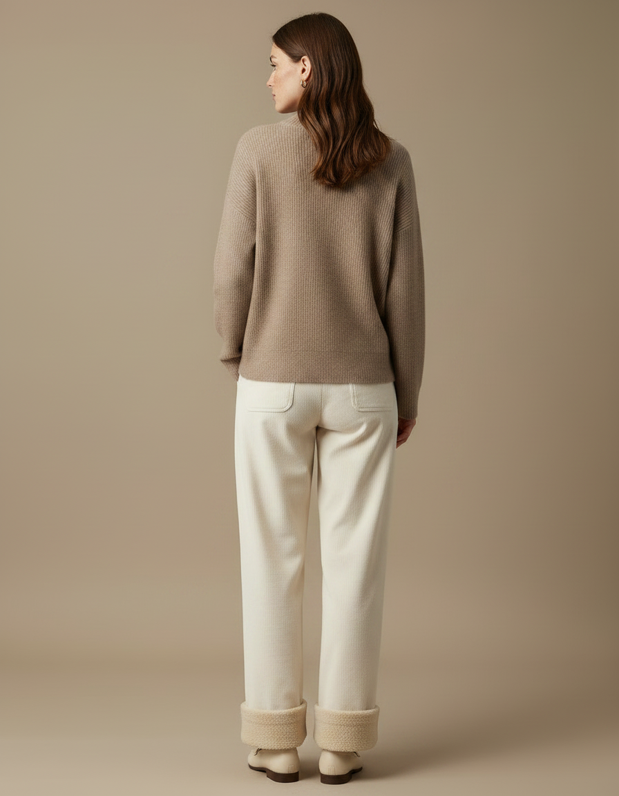 Pantalon Velours Écru Côtelé Large Doublé Moelleux Femme - Beige Cordé - vue 2