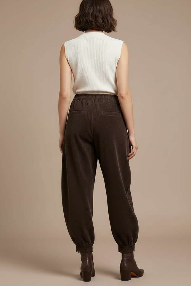 Pantalon Velours Marron Côtelé Ample Brodé Femme - Cordé - vue 2
