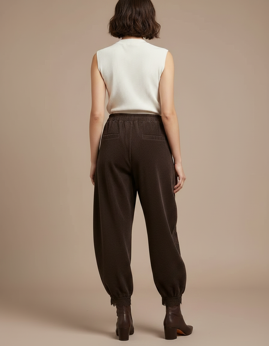 Pantalon Velours Marron Côtelé Ample Brodé Femme - Cordé - vue 2
