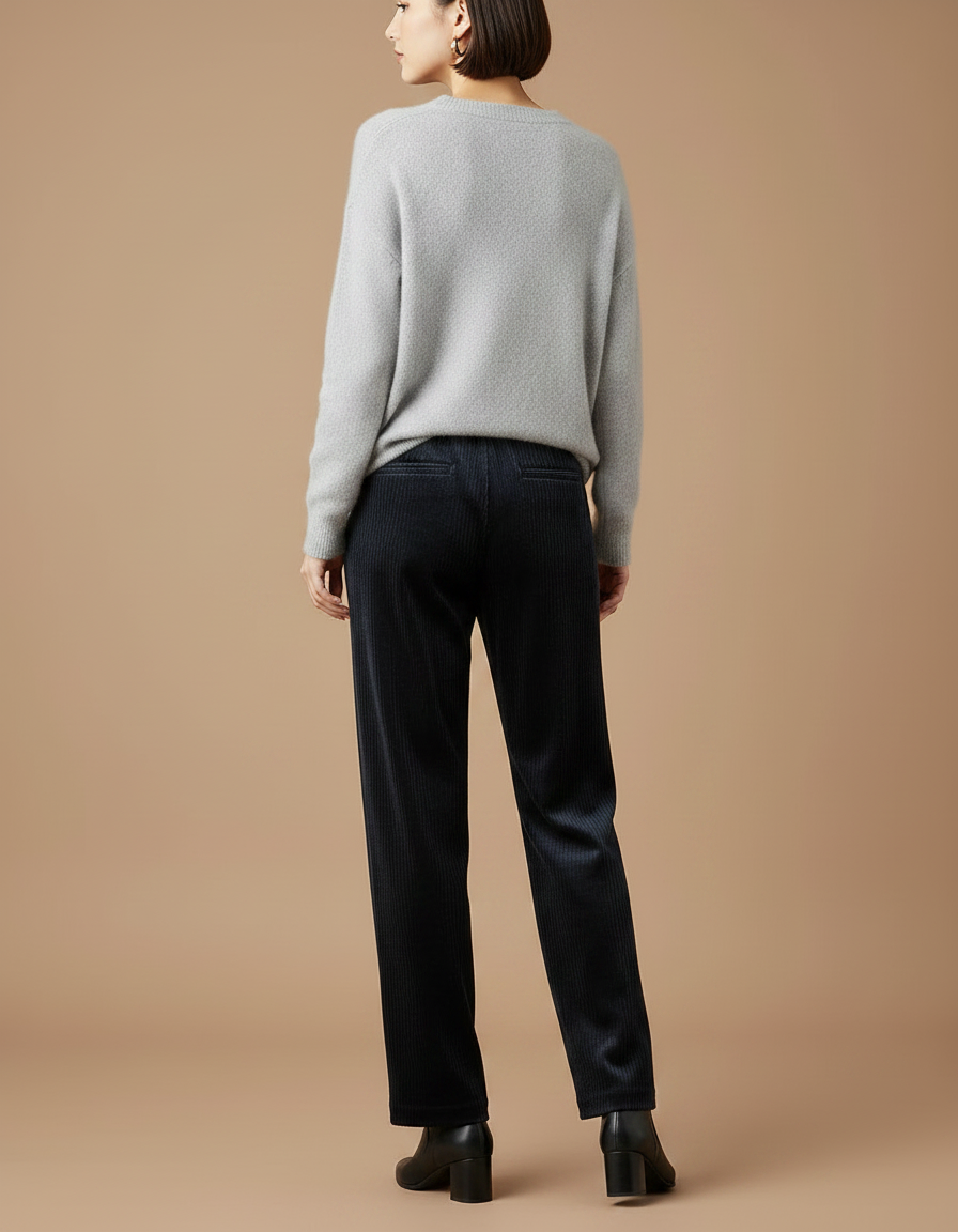 Pantalon Velours Côtelé Noir Droit Élastique Femme - Marine Cordé - vue 2
