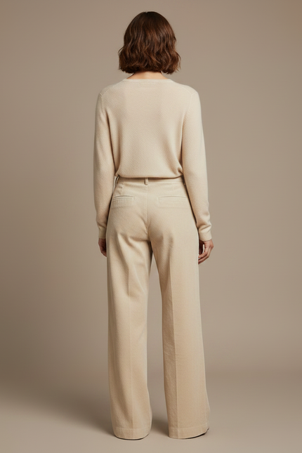 Pantalon Velours Côtelé Femme Beige Ample Élégant - Cordé - vue 2