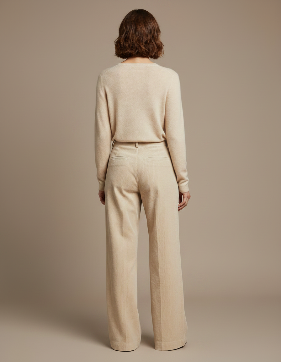Pantalon Velours Côtelé Femme Beige Ample Élégant - Cordé - vue 2