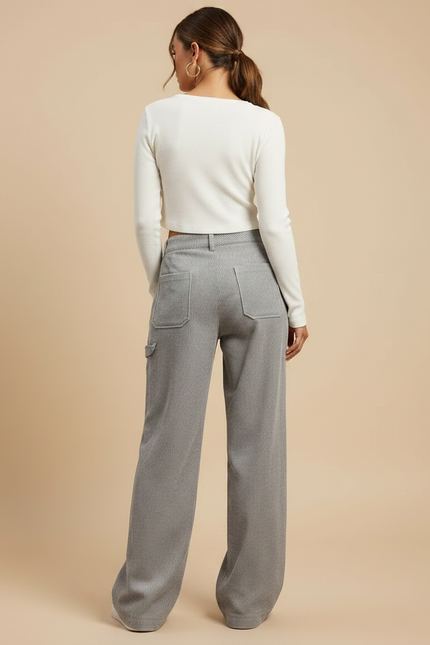 Pantalon Velours Gris Côtelé Droit Décontracté Femme - Cordé - vue 2