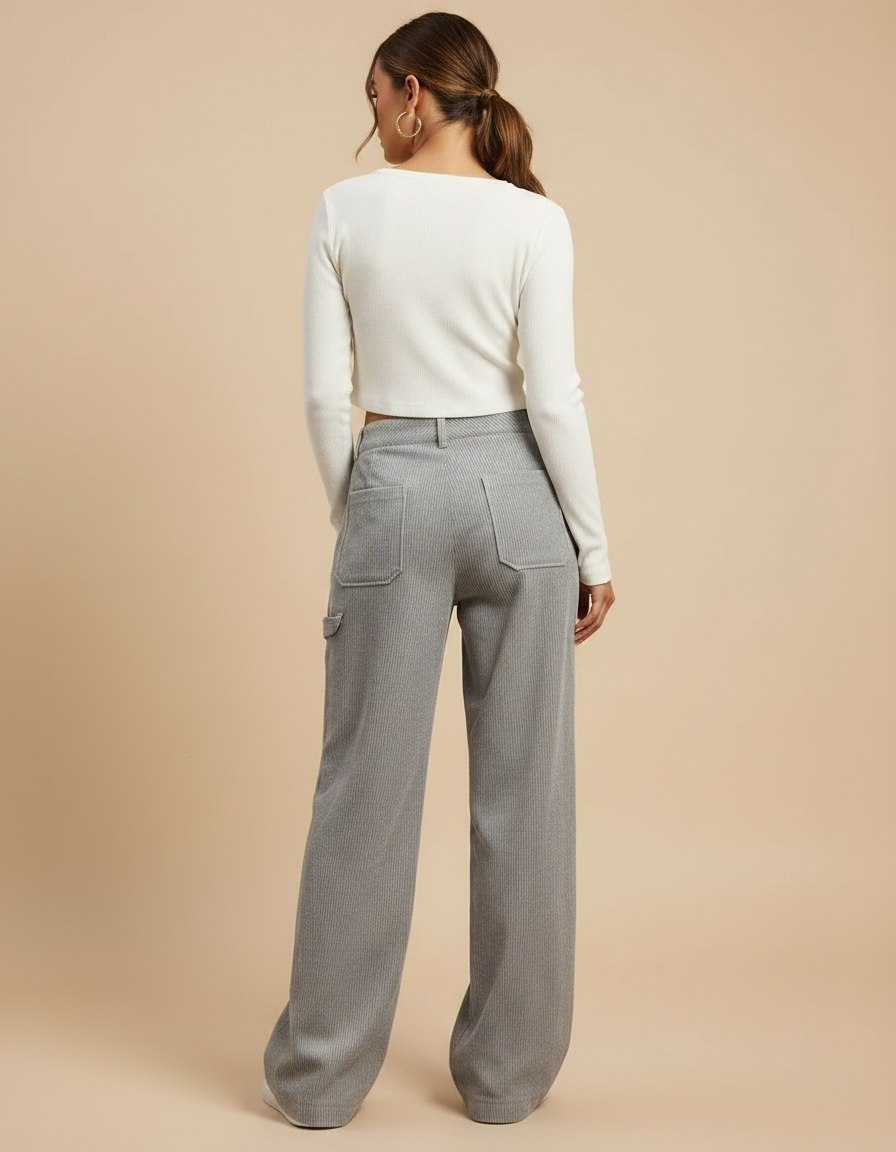Pantalon Velours Gris Côtelé Droit Décontracté Femme - Cordé - vue 2