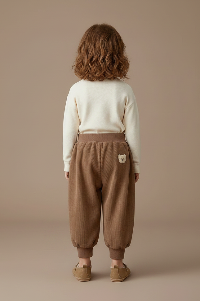 Pantalon Velours Marron Ample Brodé Ours Enfant - Cordé - vue 2