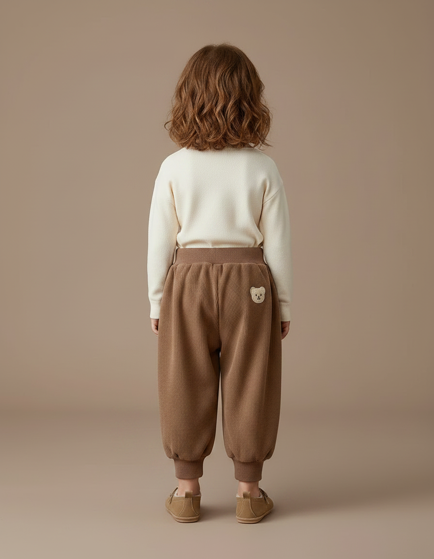 Pantalon Velours Marron Ample Brodé Ours Enfant - Cordé - vue 2