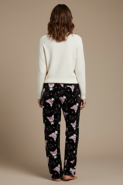 Pantalon Velours Noir Imprimé Kawaii Ample Doux Femme - vue 2