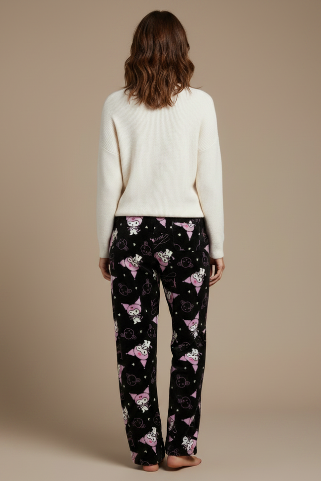 Pantalon Velours Noir Imprimé Kawaii Ample Doux Femme - vue 2