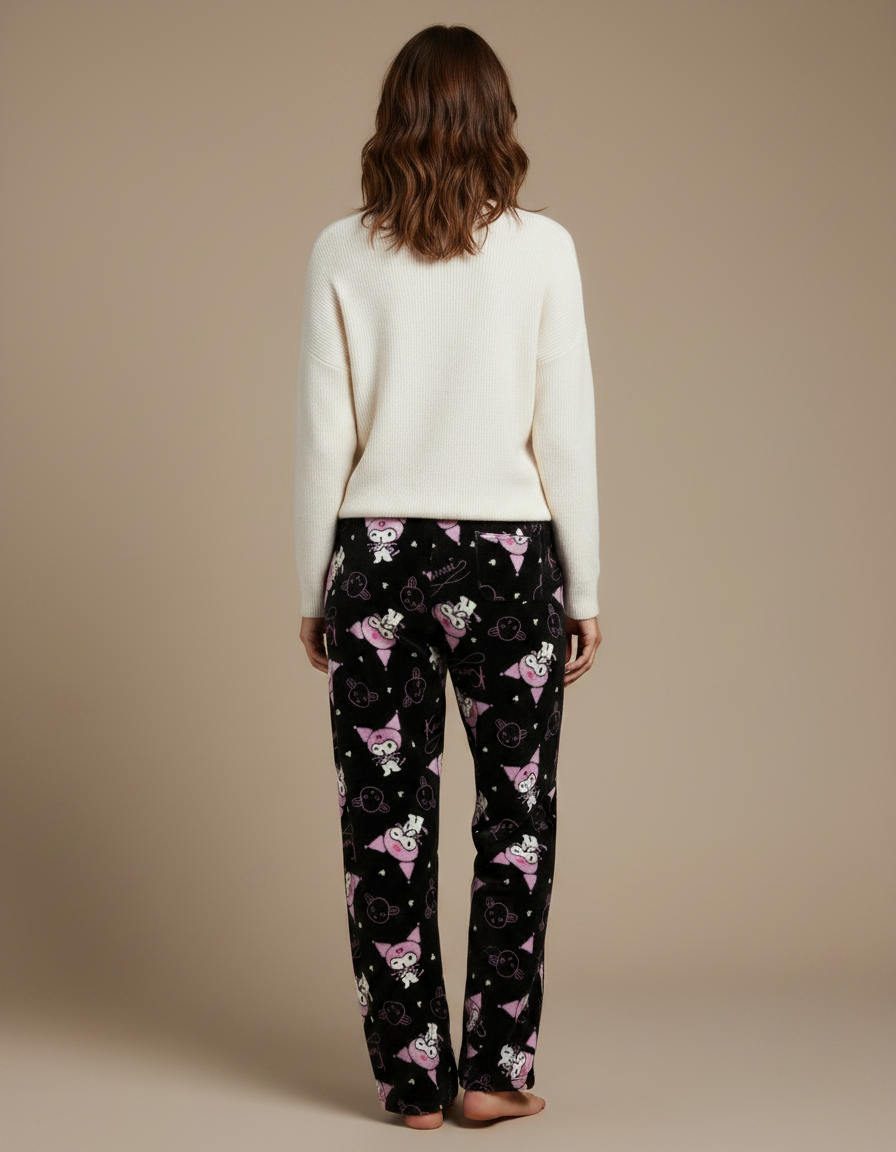 Pantalon Velours Noir Imprimé Kawaii Ample Doux Femme - vue 2