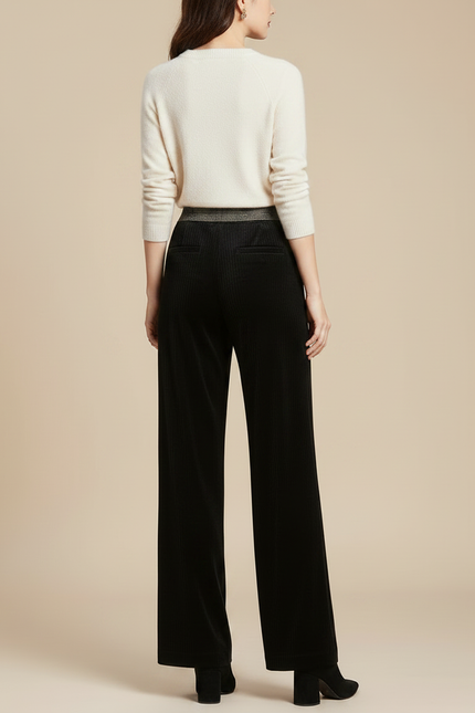 Pantalon Velours Noir Côtelé Large Femme Élégant - Cordé - vue 2