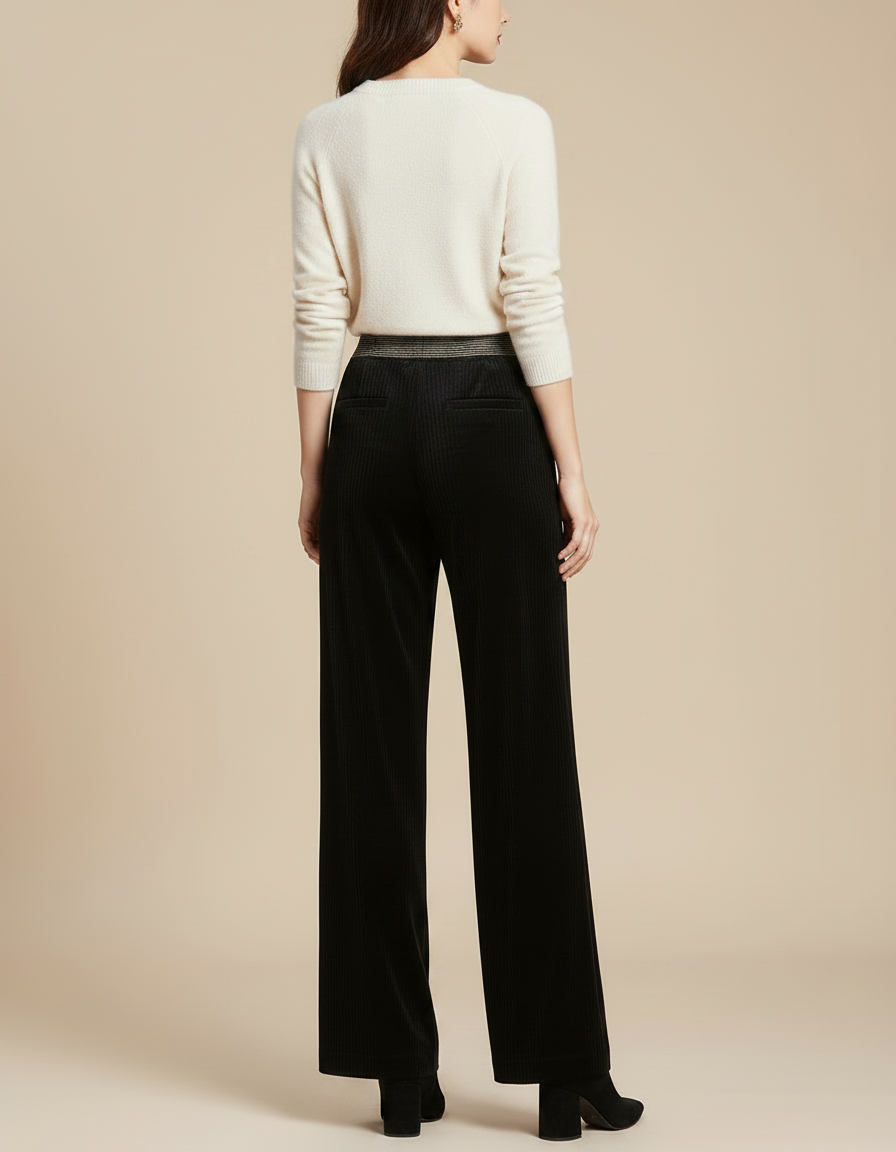 Pantalon Velours Noir Côtelé Large Femme Élégant - Cordé - vue 2
