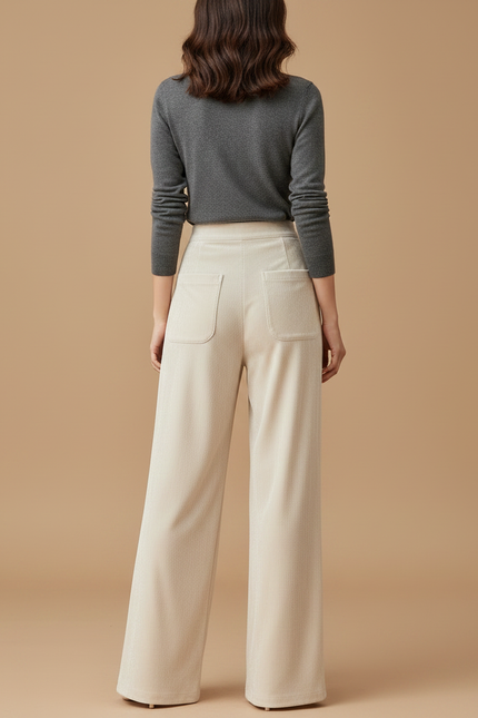 Pantalon Velours Beige Ample Décontracté Évasé Chic - vue 2